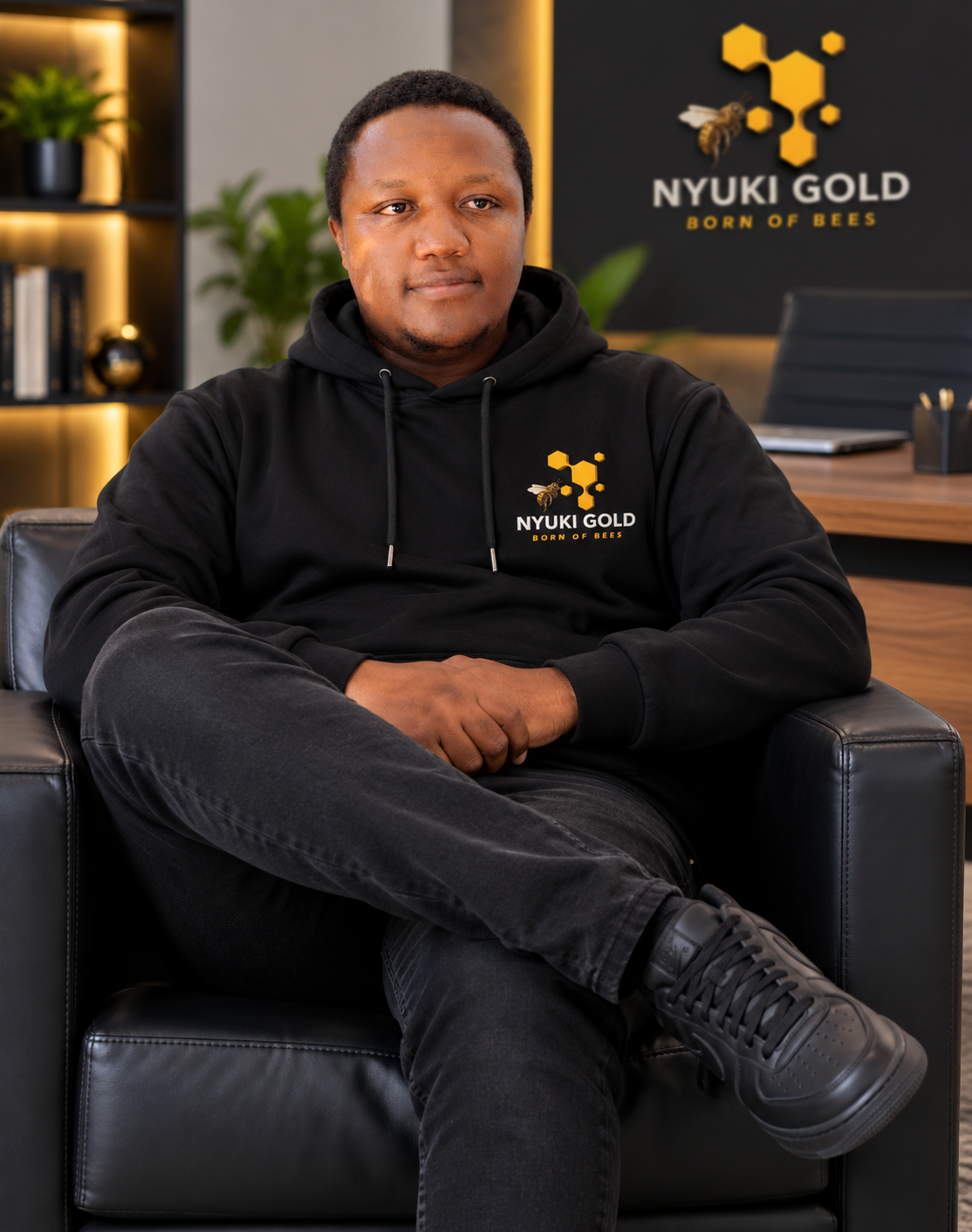 The founder and CEO of Nyuki Gold seated in the company office beneath the Nyuki Gold logo