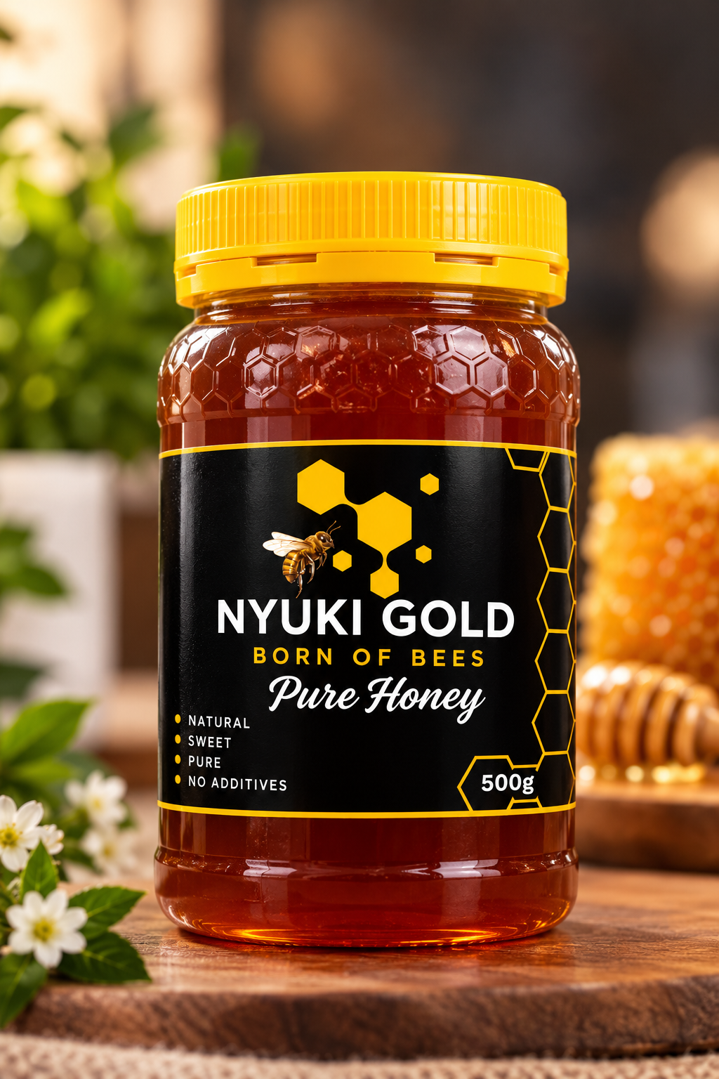 Nyuki Gold pure honey 500g jar with a yellow lid and black and gold label, Kenya