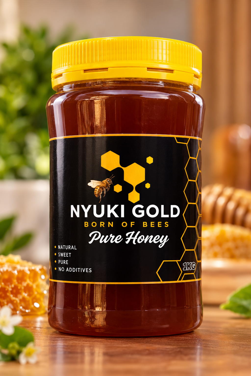 Nyuki Gold pure honey 1KG jar with a yellow lid and black and gold label, Kenya